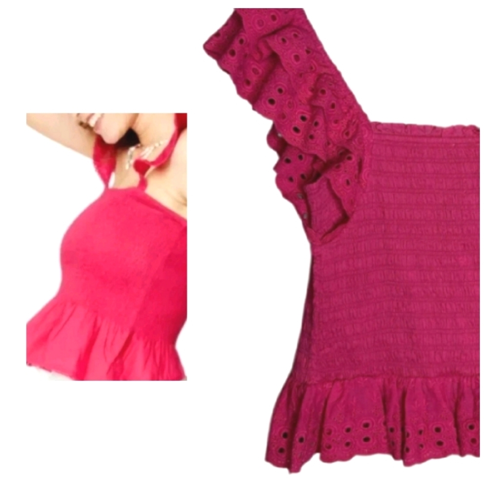 NEW! HOUSE OF HARLOW 1960 Smocked Ruffle Eyelet Accent Peplum Top LG.